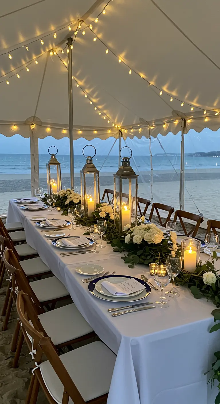 Longue table de réception sous un chapiteau blanc sur la plage, décorée de fleurs blanches, bougies et lanternes.