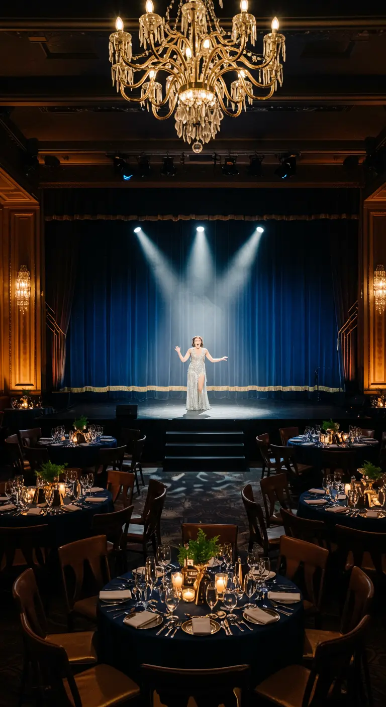 Chanteuse sur une scène éclairée par des projecteurs devant un rideau bleu.