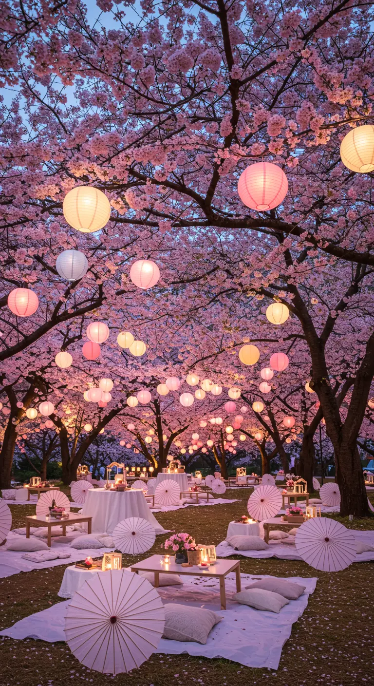 Jardin féerique sous des cerisiers en fleurs, avec tables basses, coussins blancs et roses, lampions et ombrées.