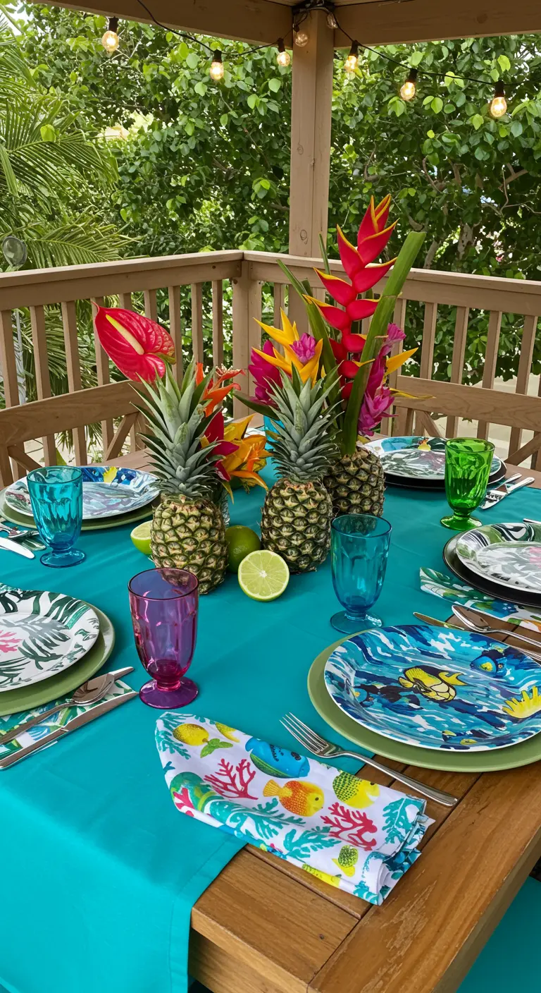 Table en bois avec nappe turquoise, assiettes à poissons, ananas et fleurs tropicales, verres colorés variés.