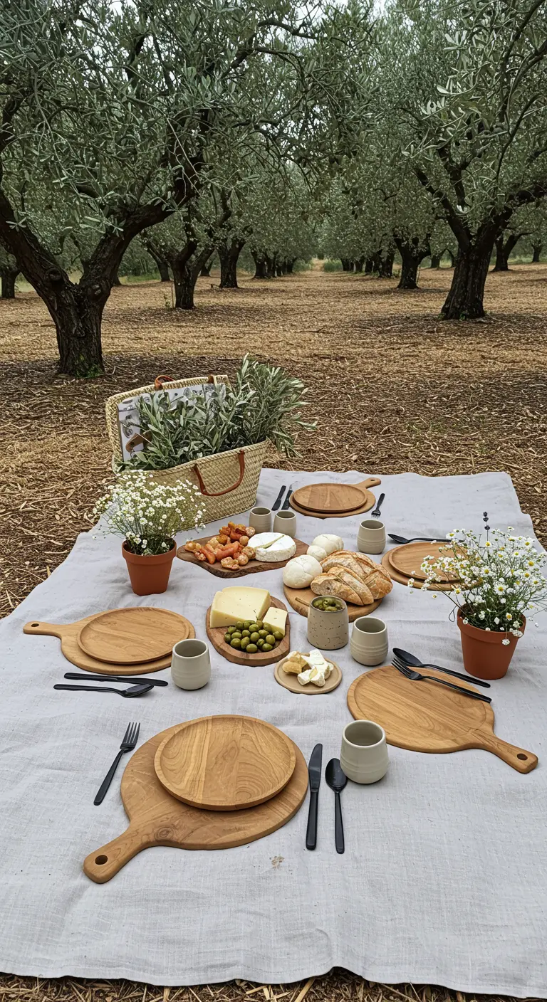Pique-nique sous les oliviers avec nappe en lin, planches en bois, fromages, olives et petites plantes en pot.