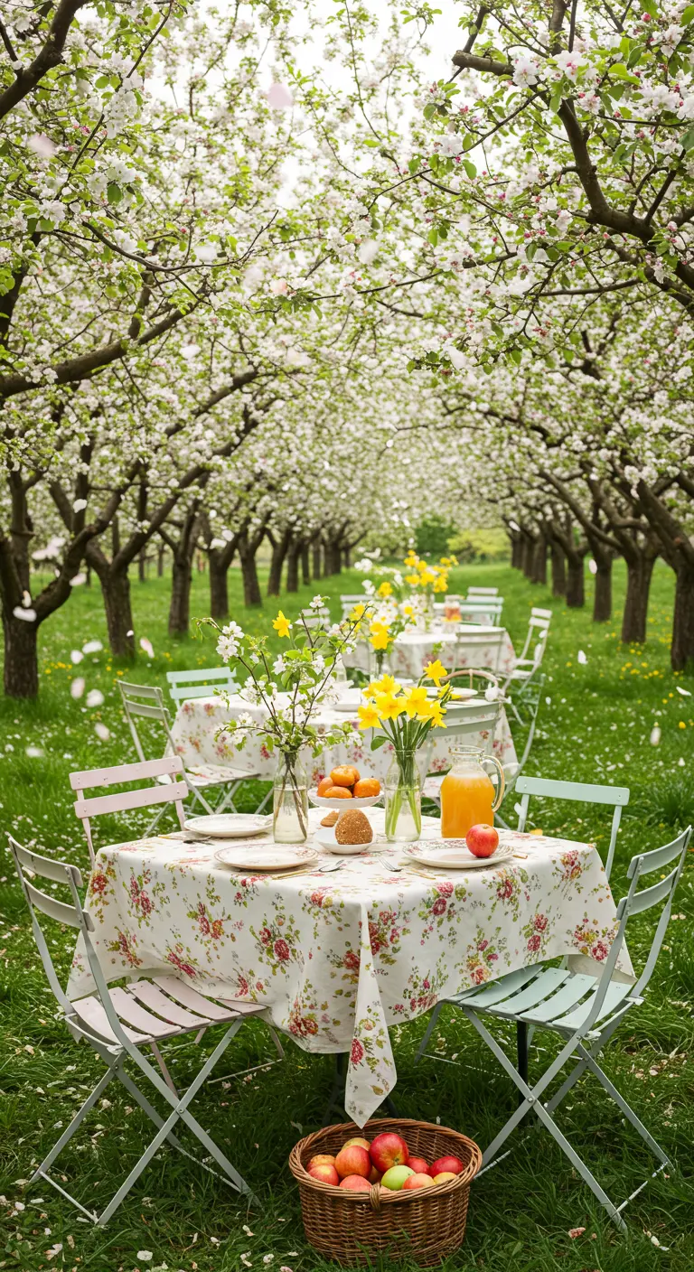 Tables de Pâques champêtres sous des pommiers en fleurs, avec nappes fleuries, vaisselle blanche et bouquets printaniers.