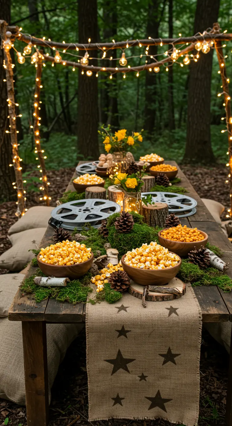 Table rustique en forêt avec mousse, pommes de pin, bobines de film et guirlandes lumineuses.