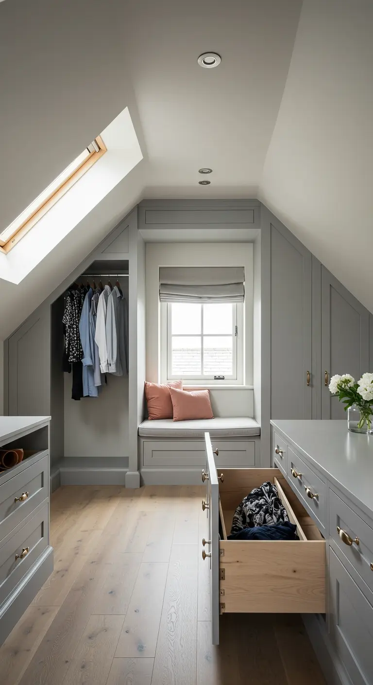 Dressing gris sous combles avec banquette fenêtre et tiroirs de rangement.