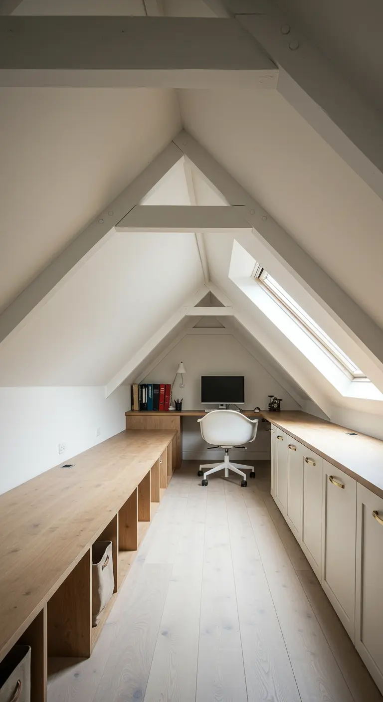 Bureau long en bois clair aménagé sous les combles d'un grenier lumineux.