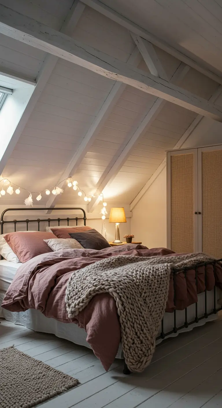 Chambre mansardée avec lit en fer forgé, guirlandes et plaid en grosse maille.