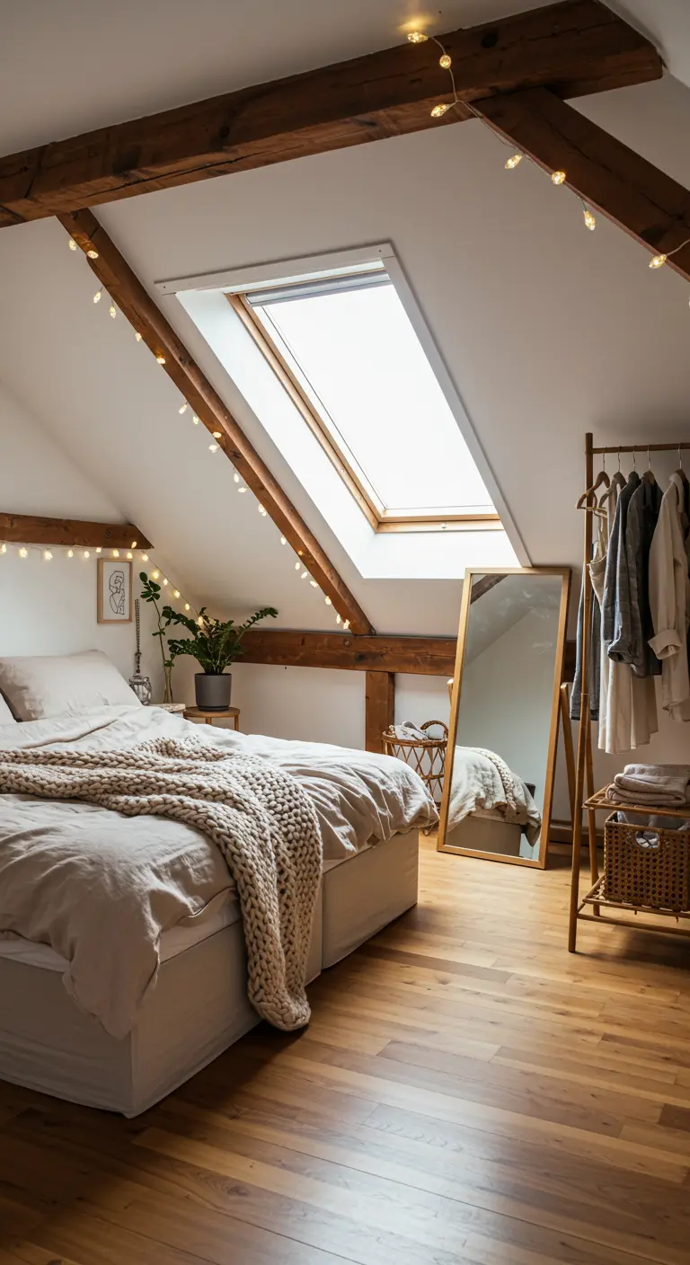 Chambre mansardée avec poutres en bois, lit douillet et guirlandes lumineuses.
