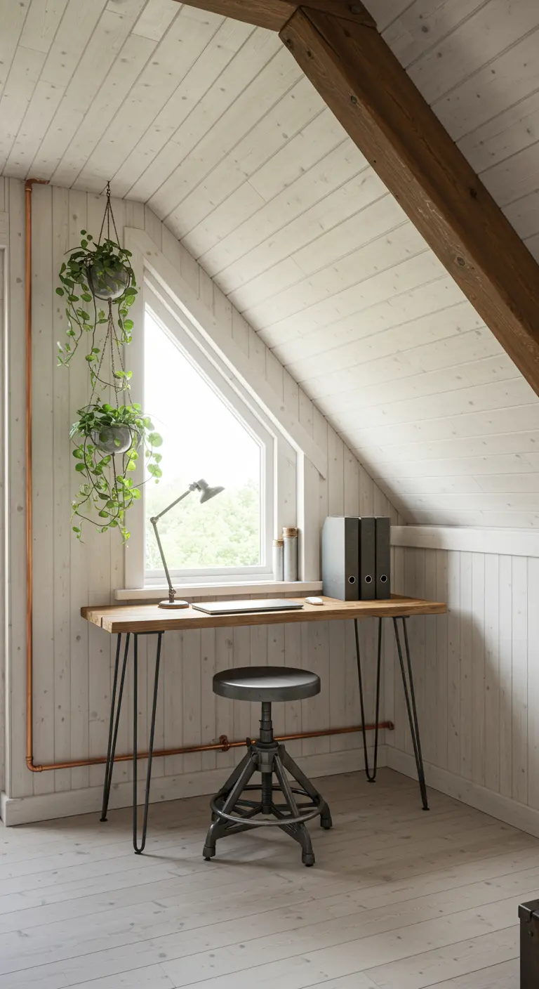 Bureau avec pieds en épingle sous une fenêtre de toit dans des combles lambrissés de blanc.
