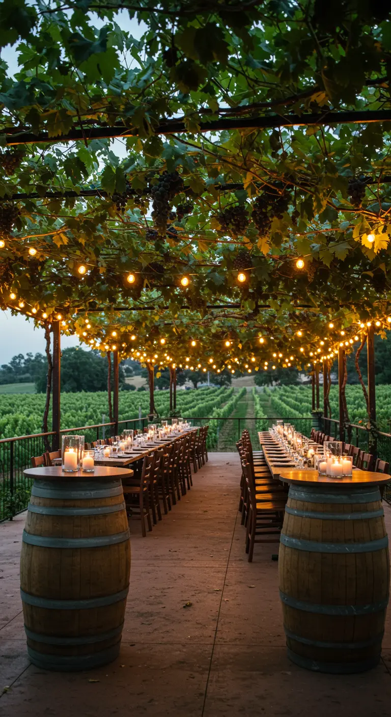 Terrasse sous une pergola de vigne illuminée par des guirlandes, avec des tables et des fûts.