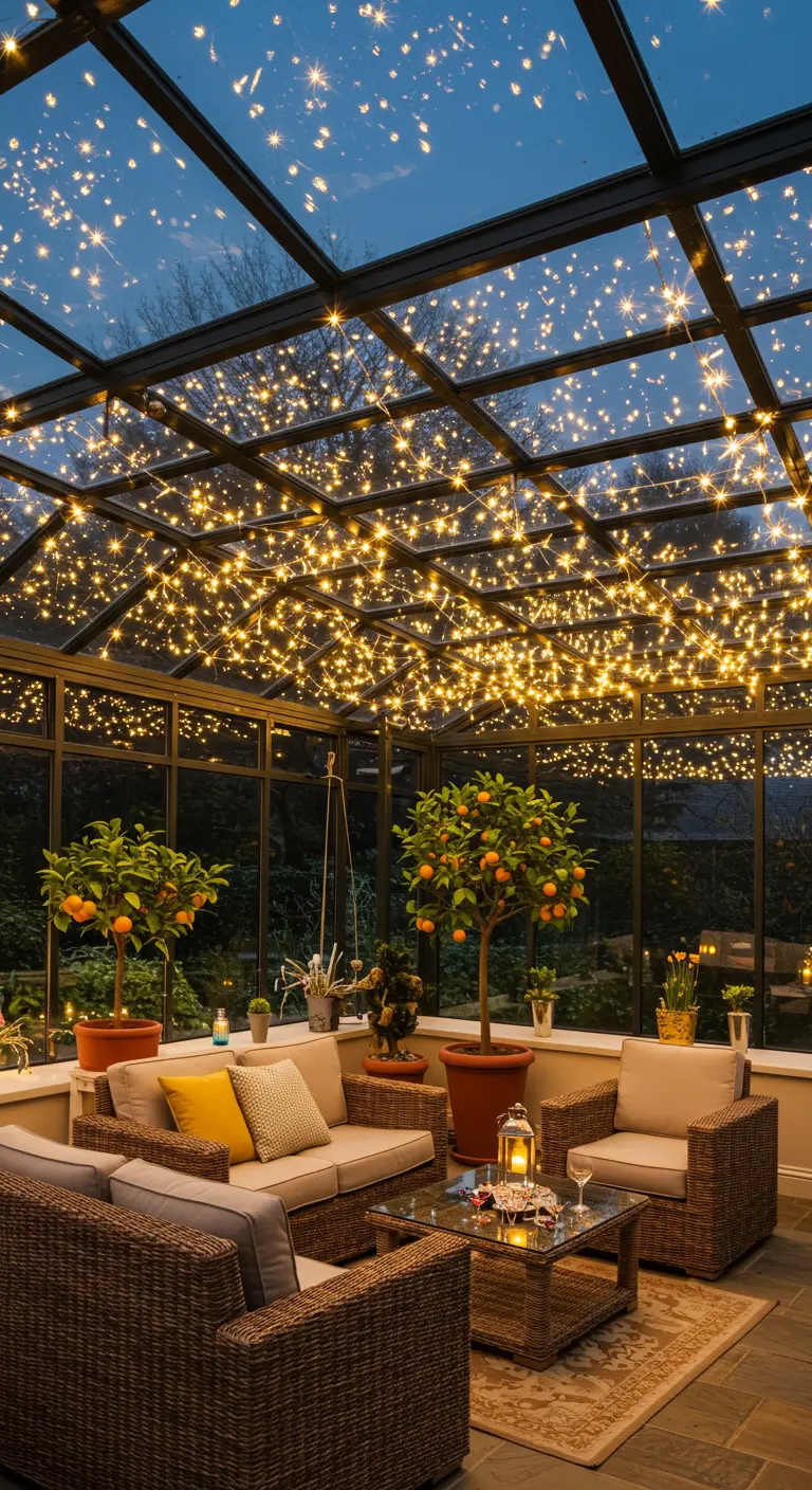 Véranda avec un plafond en verre entièrement recouvert de guirlandes lumineuses.