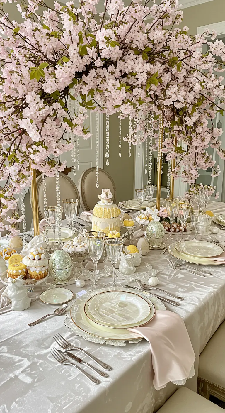 Table de Pâques luxueuse avec un immense centre de table en fleurs de cerisier suspendu.