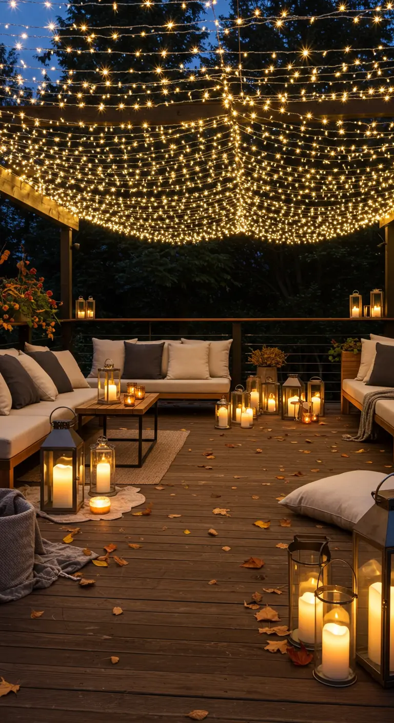 Grande terrasse en bois avec un plafond de guirlandes lumineuses et de nombreuses lanternes au sol.