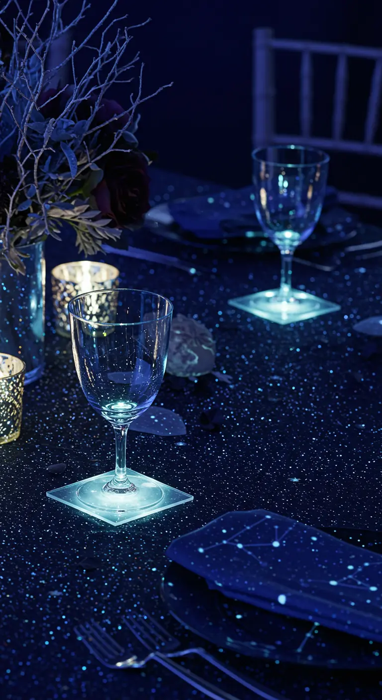 Table de fête sur le thème de l'espace avec une nappe étoilée et des sous-verres lumineux à LED.