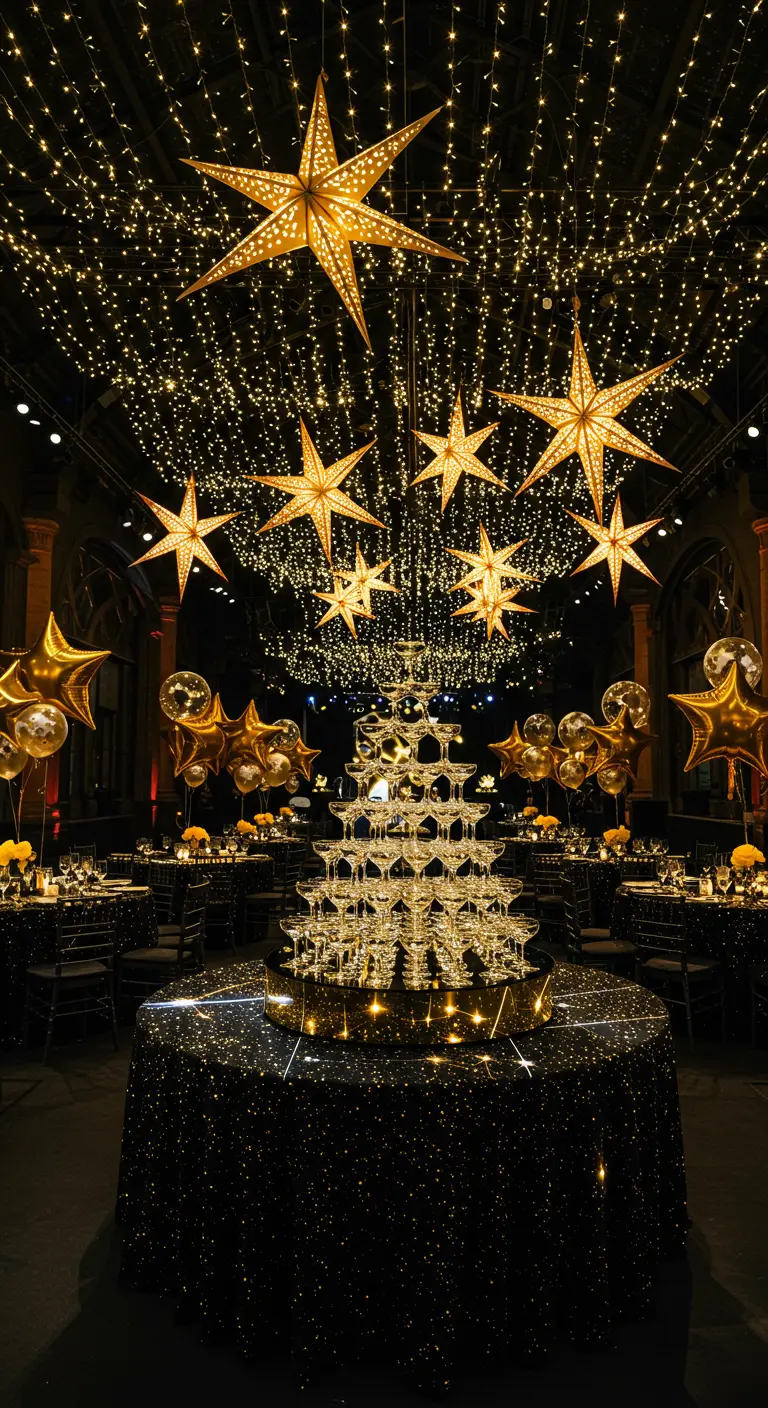 Plafond couvert de guirlandes lumineuses et d'étoiles dorées, au-dessus d'une pyramide de champagne.