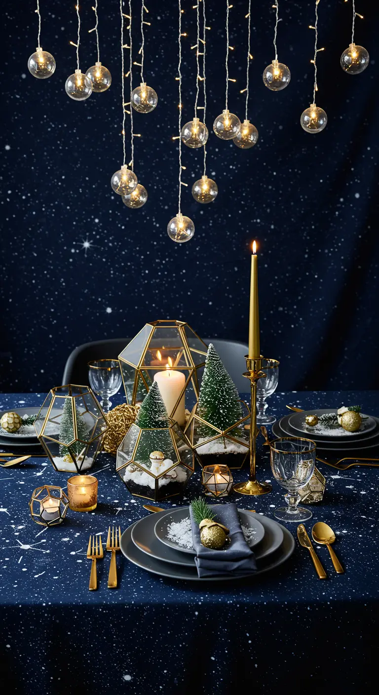Décor de table thème nuit étoilée avec terrariums, guirlandes suspendues et vaisselle sombre.
