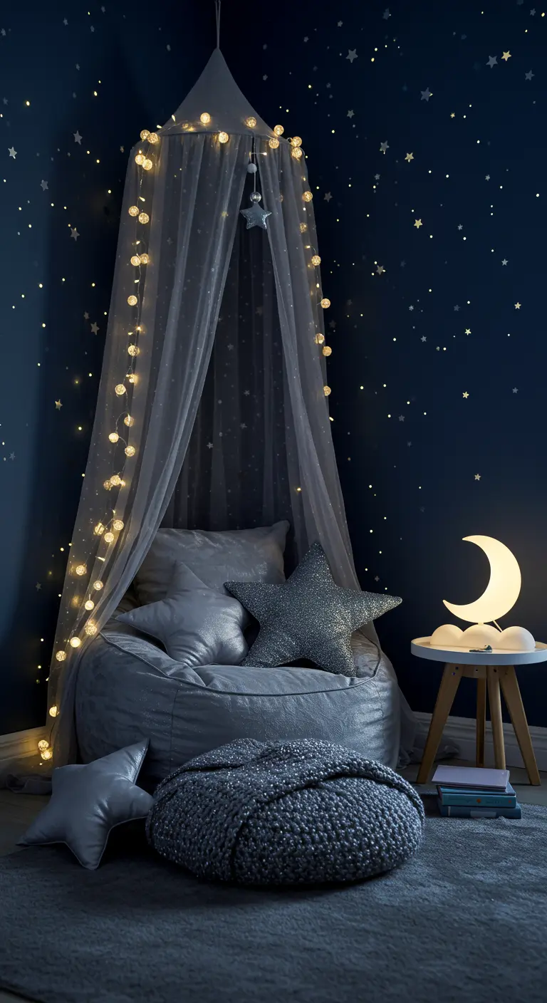 Pouf gris, ciel de lit, guirlande lumineuse, coussins étoiles, lampe lune, mur bleu étoilé.