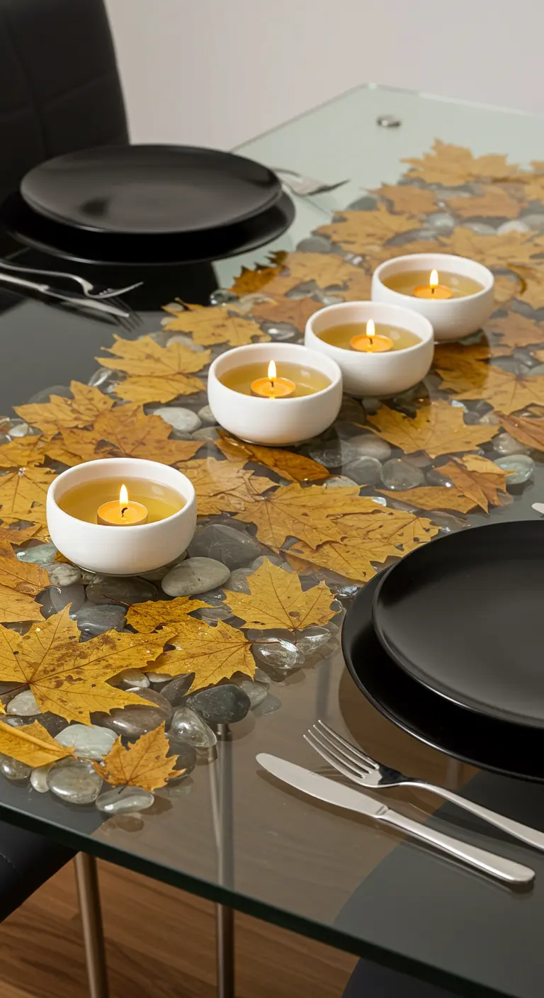 Une table en verre avec des feuilles d'automne séchées et des galets en dessous, surmontée de bougies flottantes.
