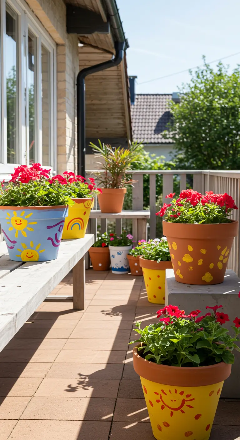 Pots de fleurs colorés peints par des enfants avec des soleils et des motifs naïfs.