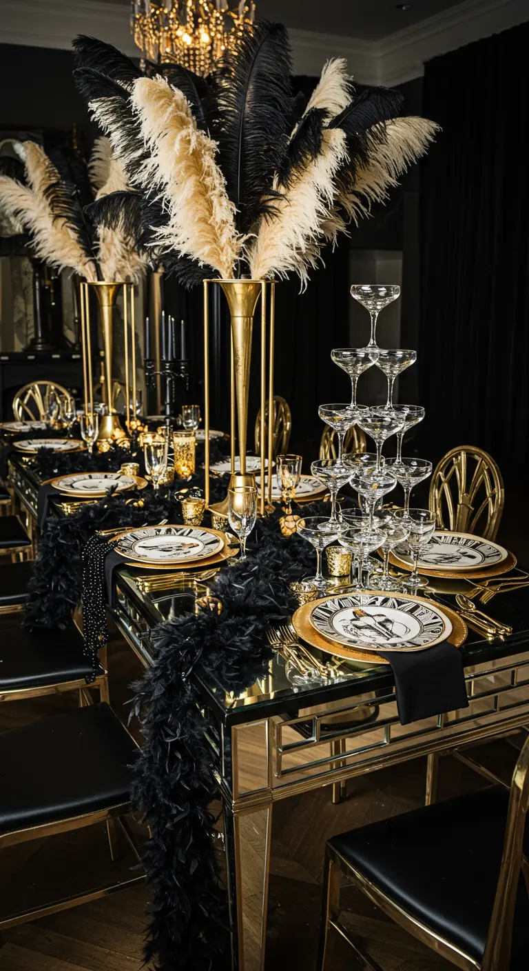 Table de fête style années 20 avec une pyramide de coupes de champagne et des plumes.