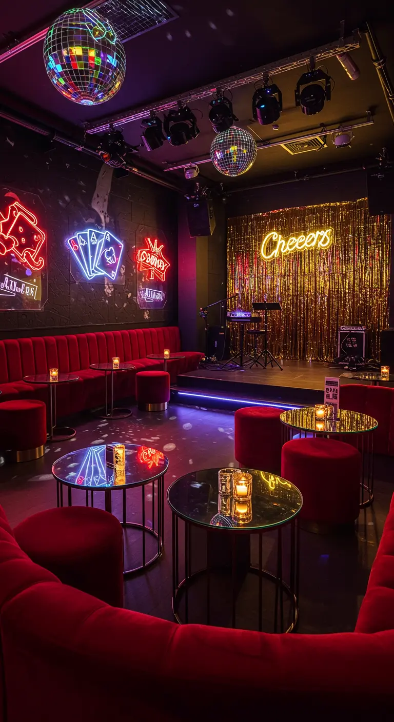 Bar de style speakeasy avec des banquettes en velours rouge, des tables basses et des néons rétro illuminant un rideau doré.