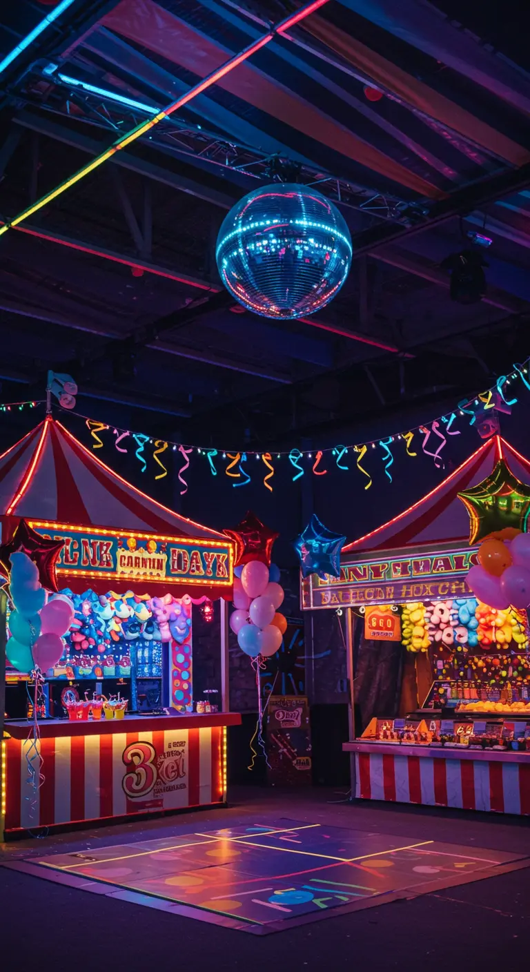 Salle de style speakeasy avec des néons Art Déco, des canapés sombres en velours et des ballons dorés.