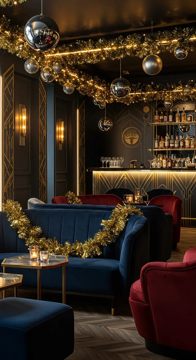 Bar speakeasy avec décor Art Déco, canapés bleus et rouges, guirlandes de tinsel doré et boules miroir.