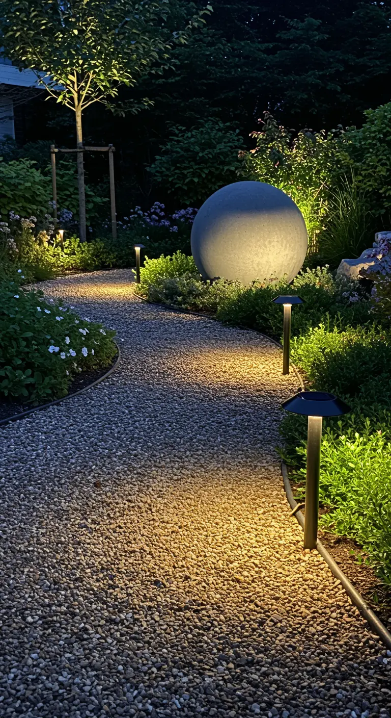 Grande sphère de pierre dans un jardin, éclairée par des spots la nuit.