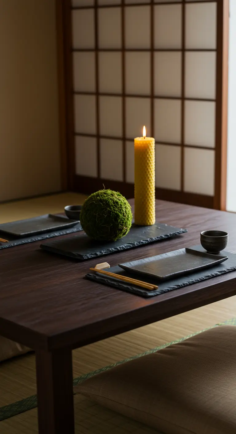 Table japonaise minimaliste avec un kokedama et une bougie en cire d'abeille.