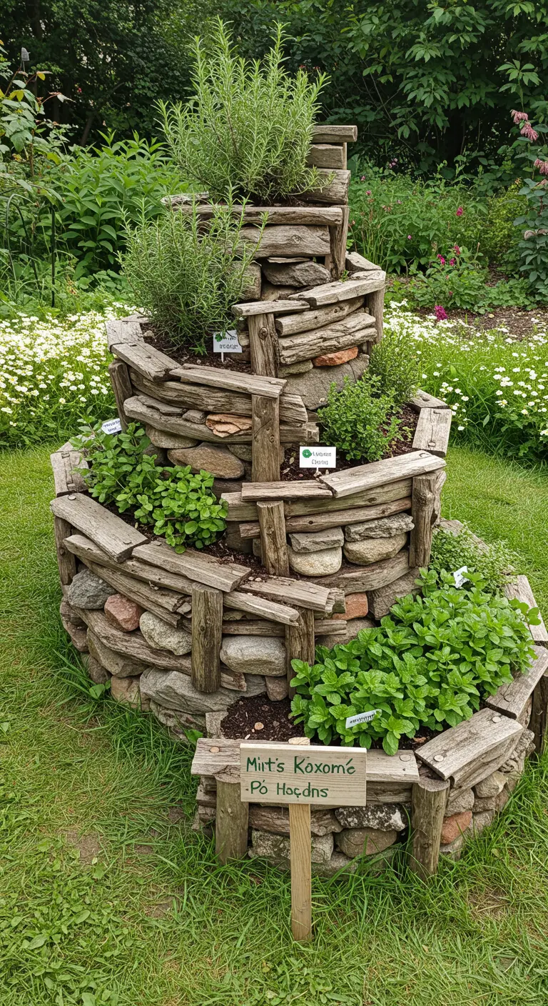 Jardin d'herbes aromatiques en spirale fait de bûches et pierres, avec différentes herbes.