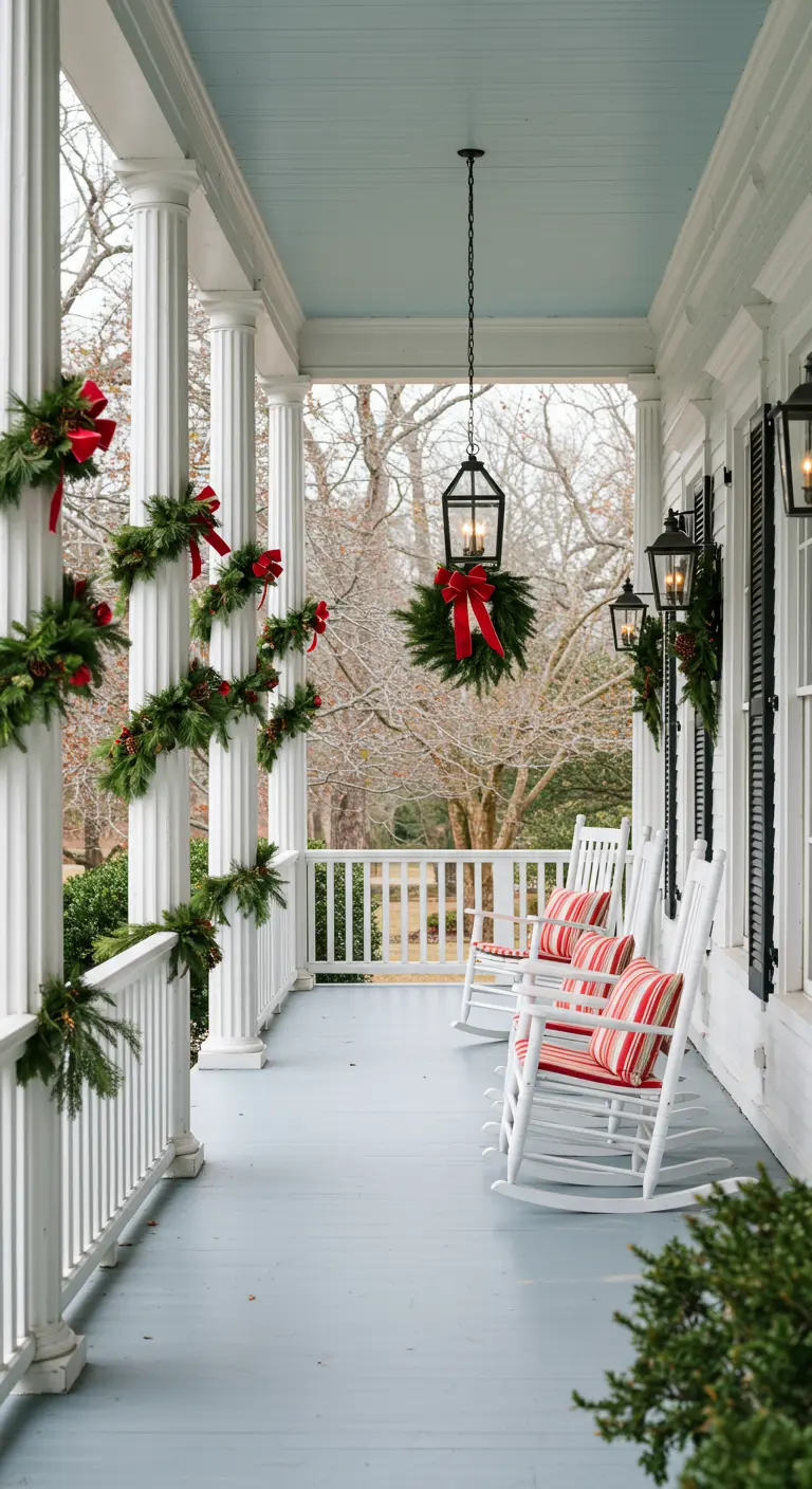 Porche blanc avec des guirlandes en spirale et des nœuds rouges autour des colonnes.