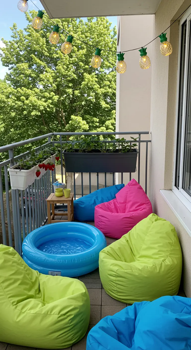 Balcon coloré avec des poufs poires, une petite piscine gonflable et des lumières ananas.