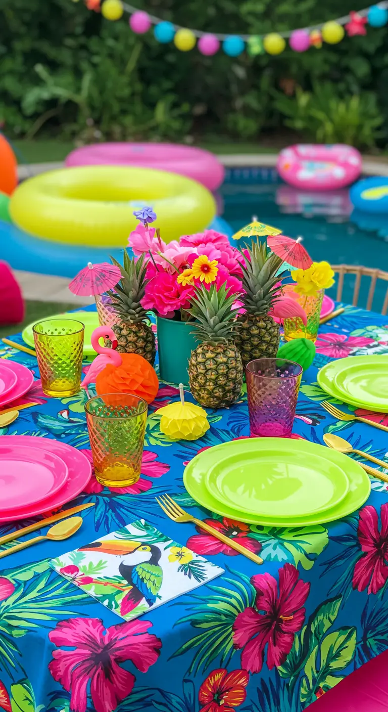 Table de fête au bord d'une piscine avec nappe très colorée, ananas porte-fleurs, assiettes fluo et décorations joyeuses.