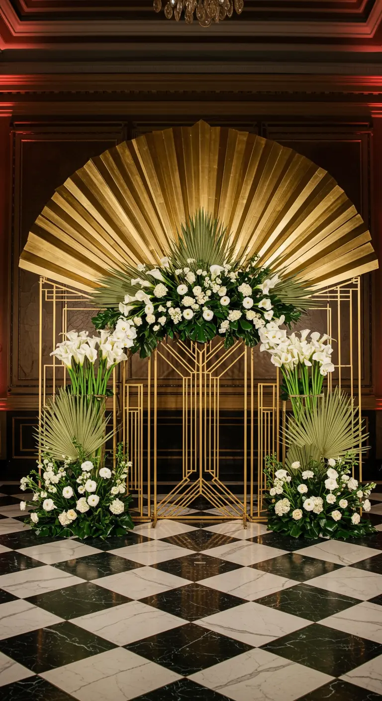 Toile de fond de mariage Art Déco dorée avec des fleurs blanches et un sol en damier.