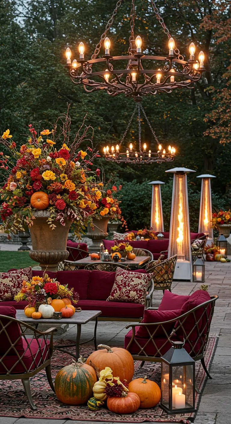 Terrasse de réception automnale avec de grandes compositions florales, citrouilles, lustres et chauffages extérieurs.