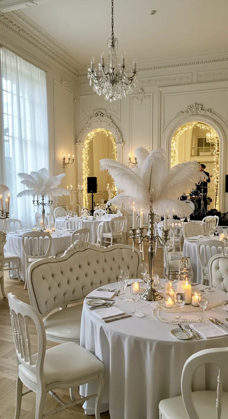 Salle de réception classique blanche avec tables rondes, chaises capitonnées, chandeliers et miroirs lumineux.
