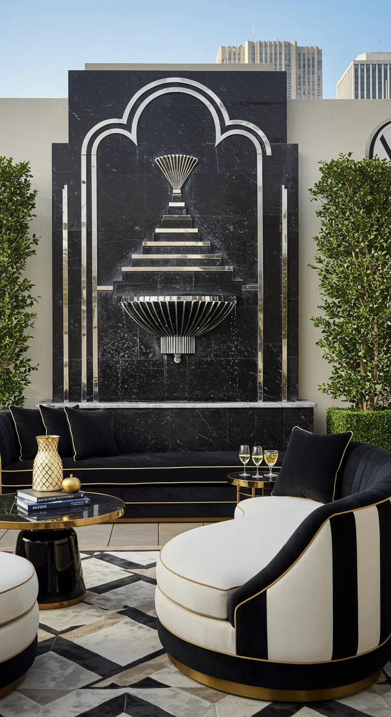 Terrasse Art Déco avec fontaine en marbre noir et mobilier noir, blanc et or.