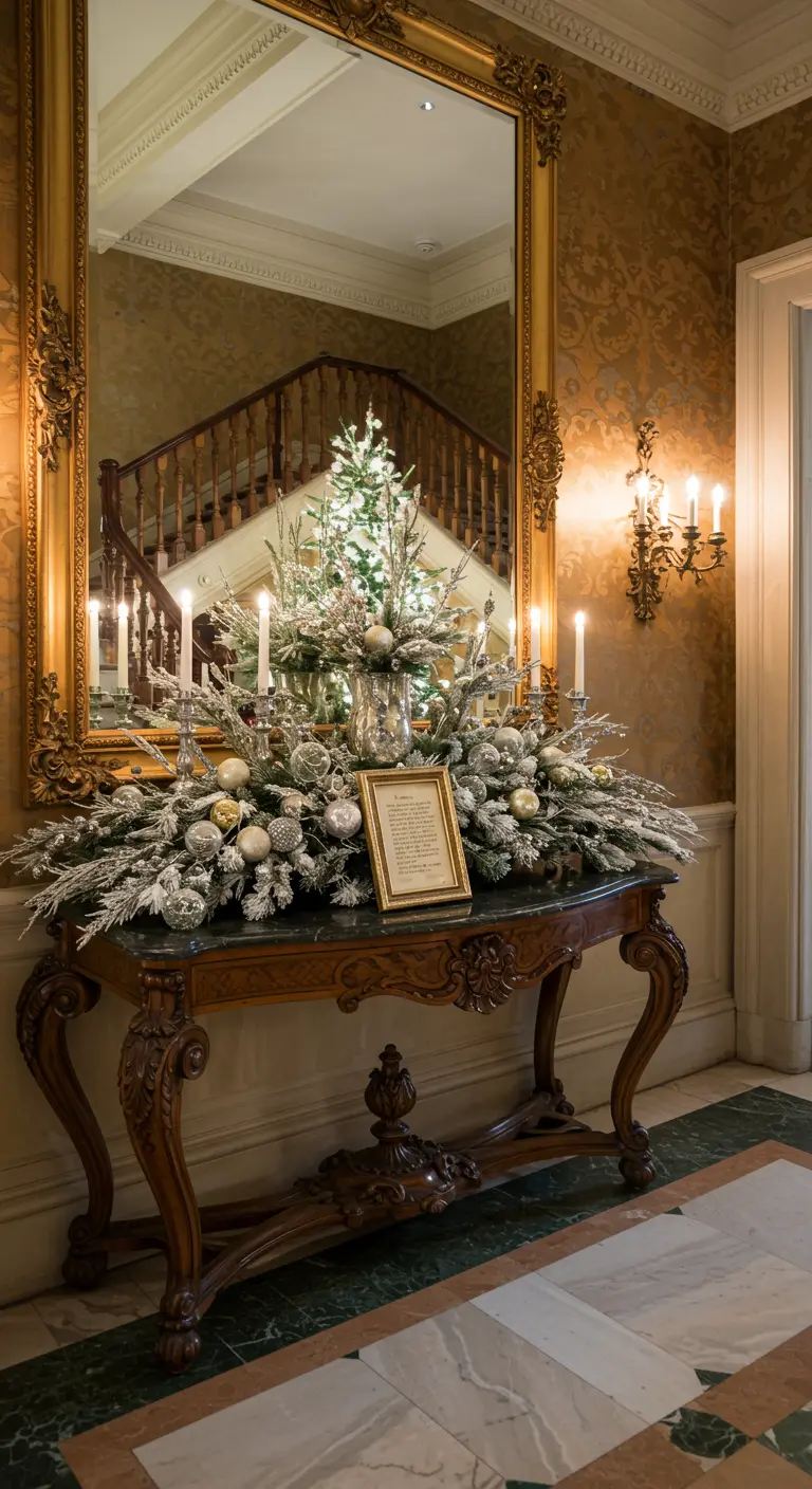 Console d'entrée richement décorée pour Noël avec branches givrées, boules dorées et bougies.