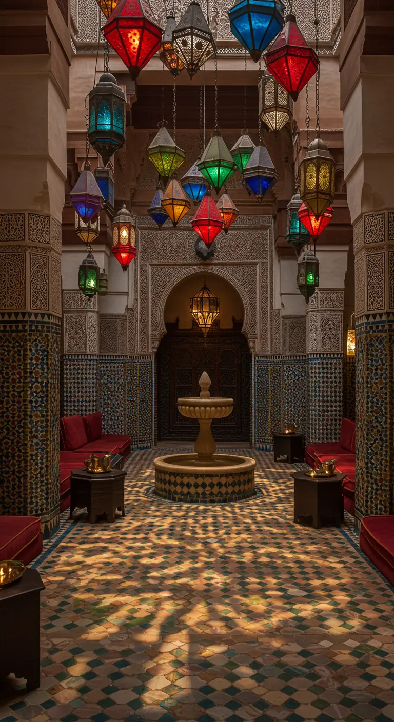 Intérieur de riad marocain avec de nombreuses lanternes colorées suspendues et des motifs lumineux au sol.