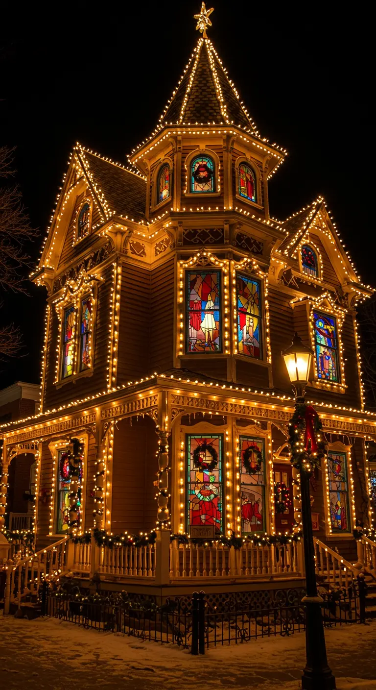 Maison victorienne ornée de lumières chaudes et de vitraux, décorée pour Noël.