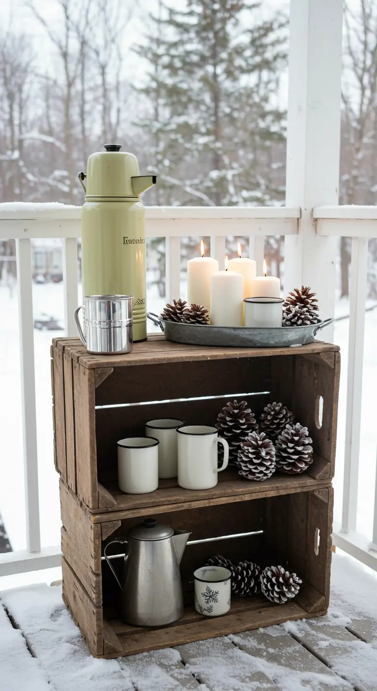Deux caisses en bois empilées avec un thermos, des tasses et des bougies sur un porche enneigé.