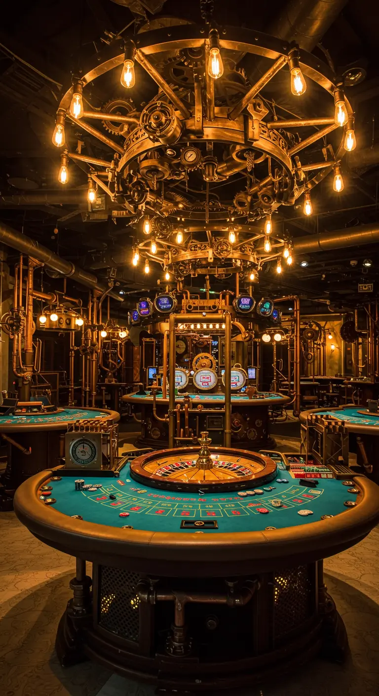 Salle de casino au décor steampunk avec des engrenages et des lumières industrielles.