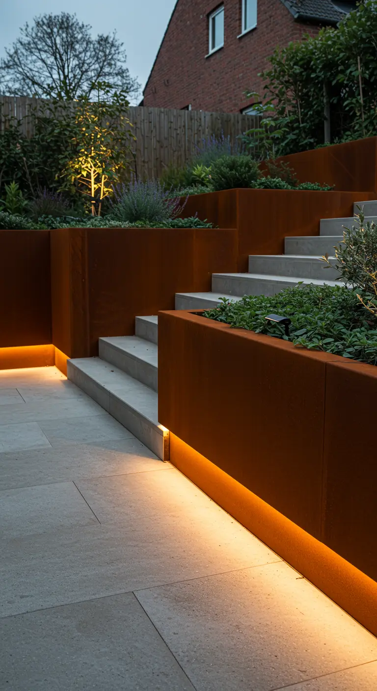 Jardin en terrasses avec des jardinières en corten soulignées par des bandes LED.
