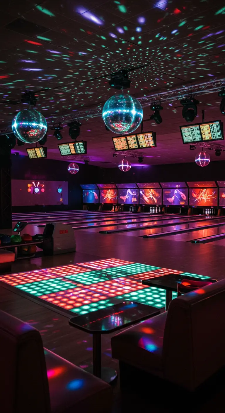 Un bowling illuminé de lumières colorées et de boules à facettes.