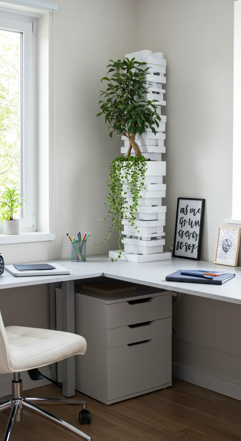 Bonsaï Ficus et Pothos sur un support à plantes blanc moderne à plusieurs niveaux dans un coin de bureau.