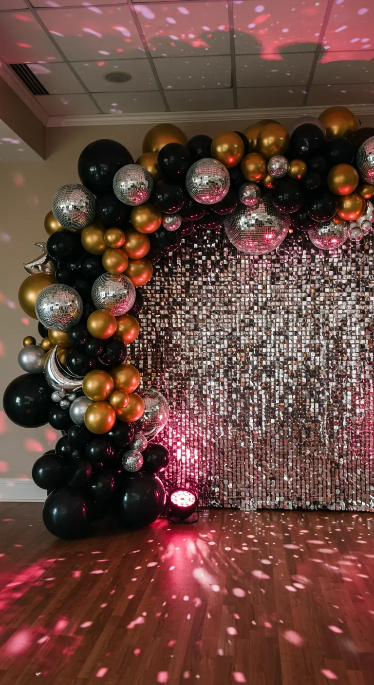 Arche de ballons noirs et dorés avec des boules à facettes et un mur de sequins.