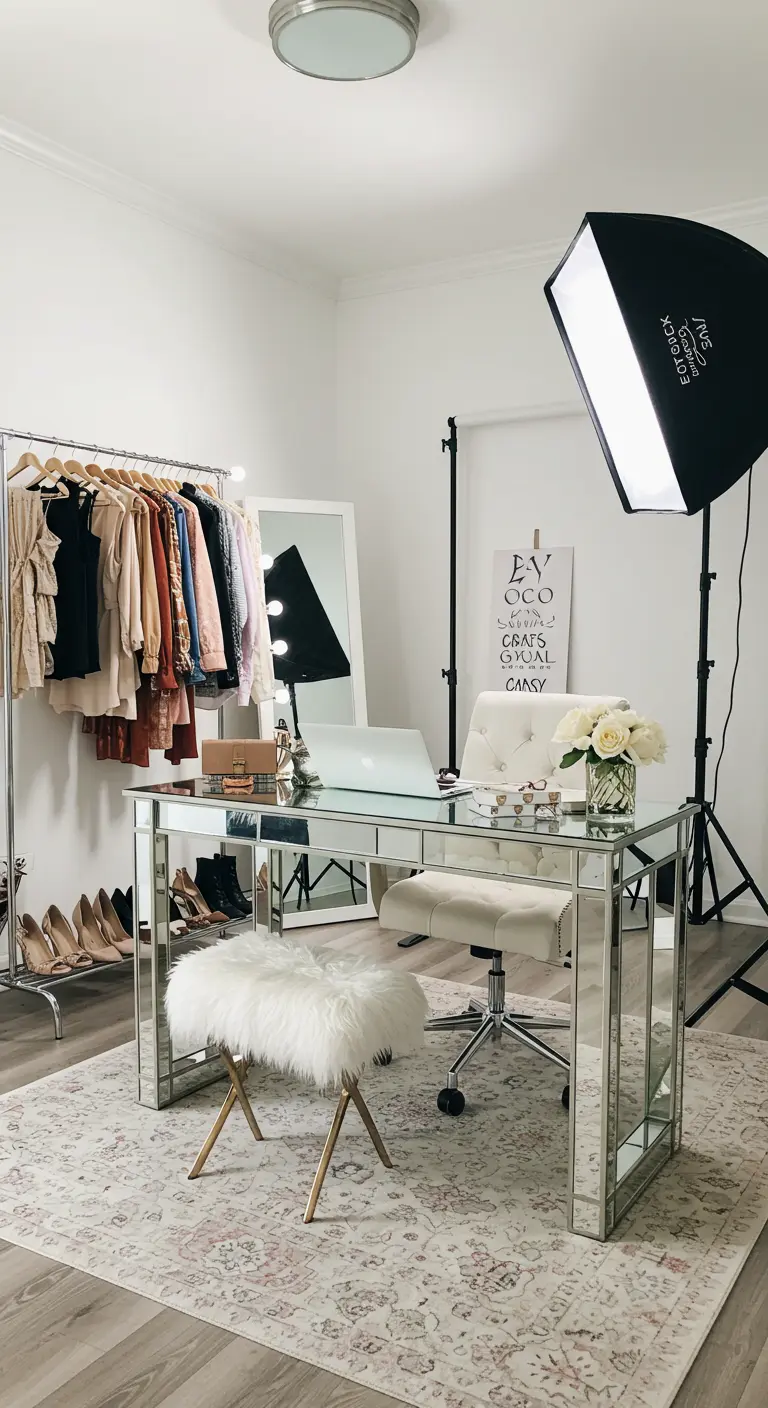 Bureau miroir dans un studio blanc avec portant, miroir de loge et éclairage photo.