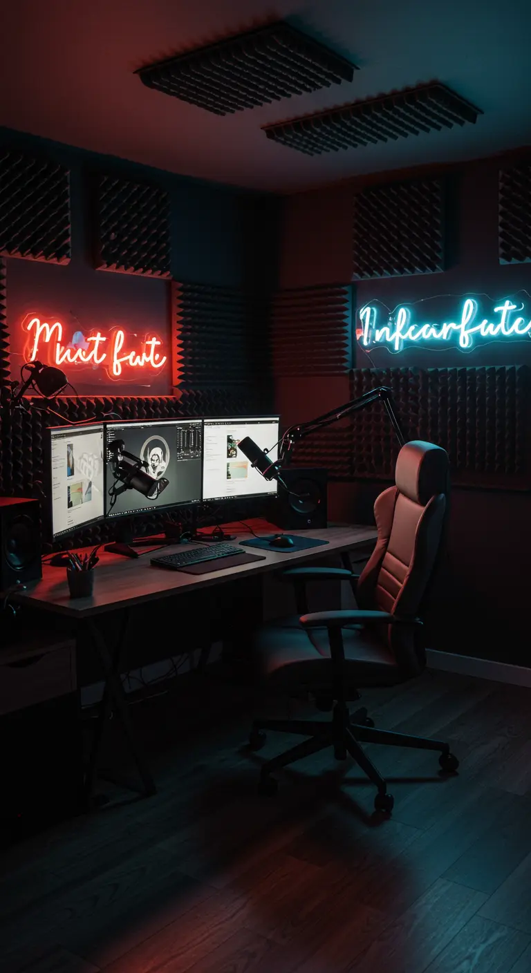 Studio d'enregistrement avec panneaux acoustiques, néons et plusieurs écrans d'ordinateur.