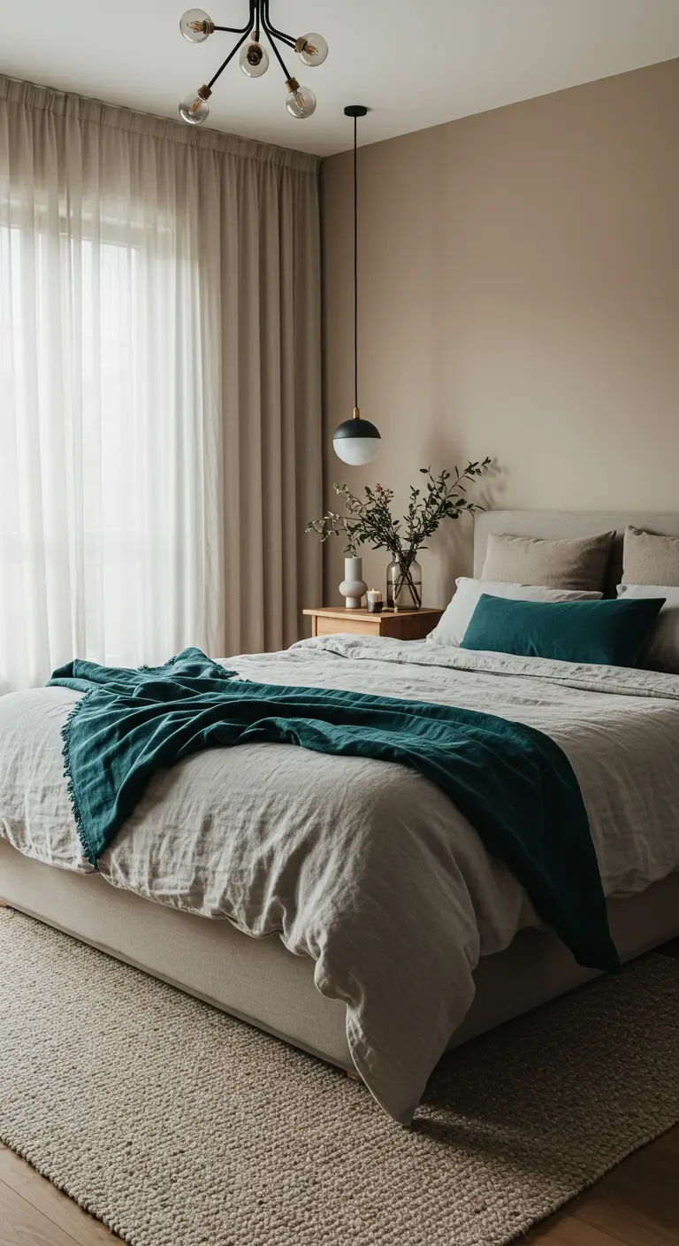 Chambre aux tons neutres avec un grand lit beige, une couverture bleu sarcelle et des rideaux clairs.