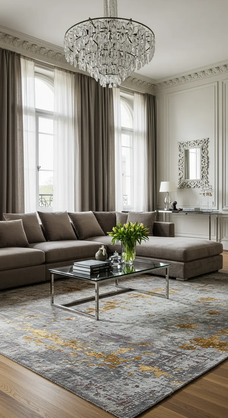Salon luxueux avec canapé d'angle en velours taupe, tapis gris et or, doubles rideaux et chandelier.