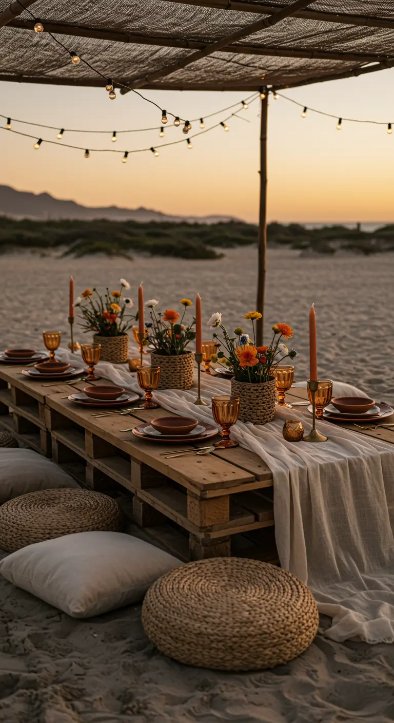 Table basse sur la plage au coucher du soleil avec chemin de table en lin, paniers de fleurs et lumières.